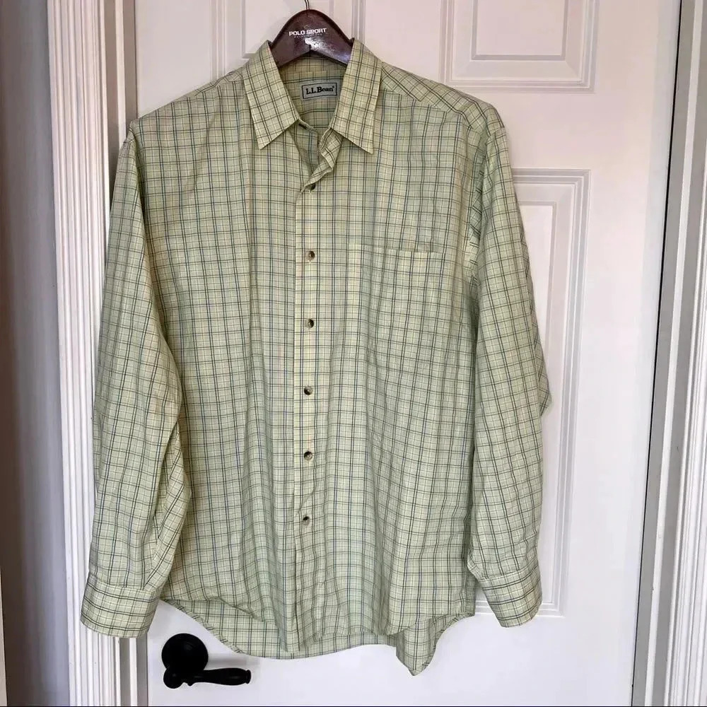 𝅺L.L. Bean vintage green & blue plaid long sleeve button down shirt size medium